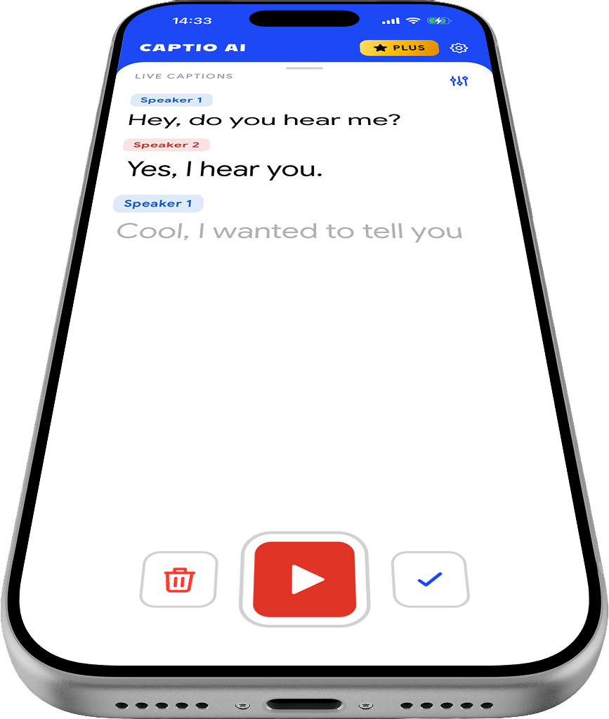 Captio AI Live Captions on iPhone showing two speaker tags and live words appearing as people talk