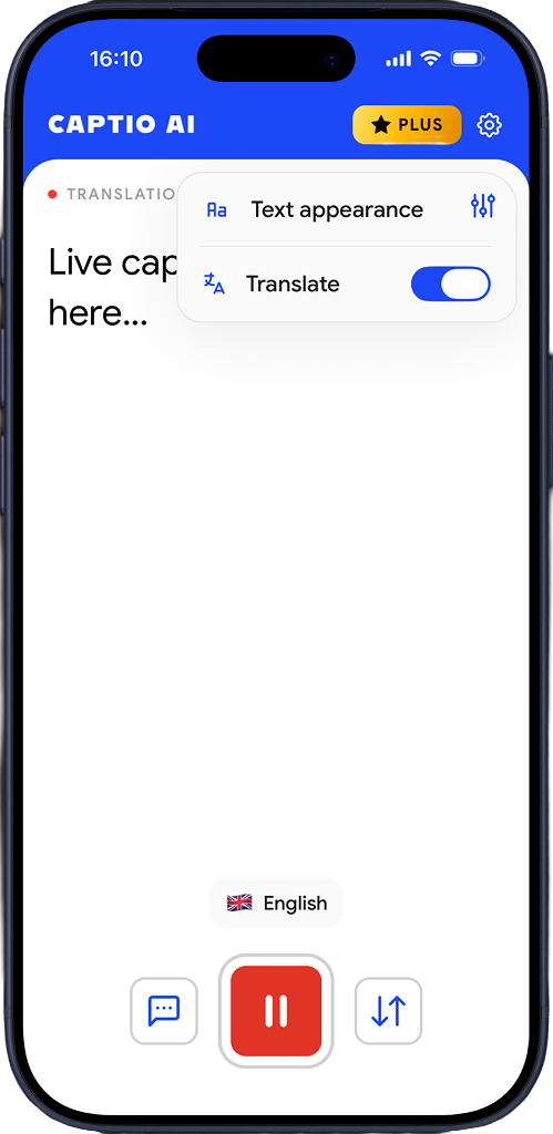 Captio AI Live Translator screen on iPhone with a Translate switch turned on and English selected