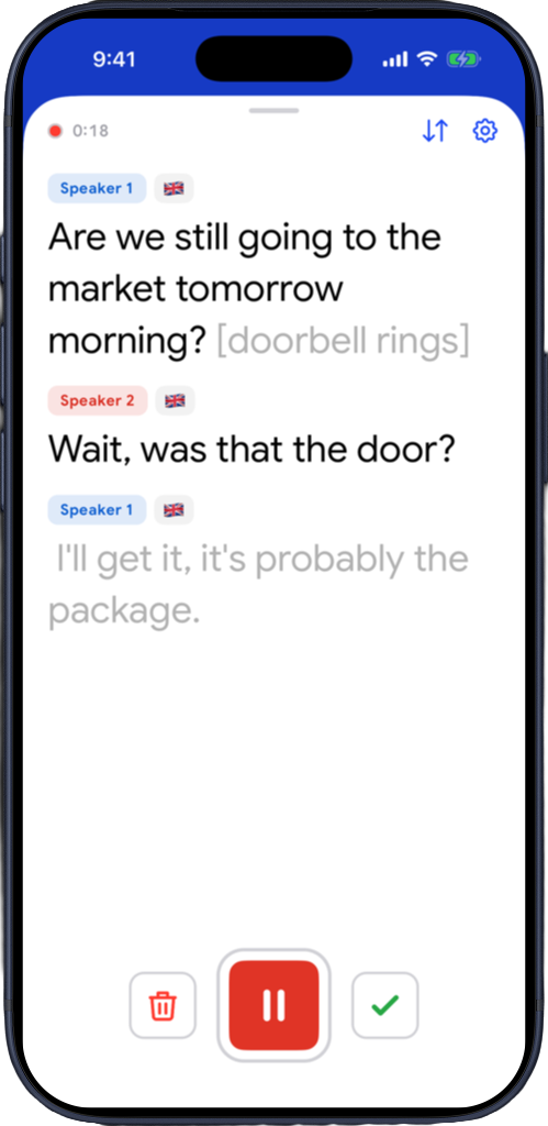 Captio AI live captions on iPhone showing doorbell rings in grey brackets after one speaker's question, then another speaker asking if that was the door
