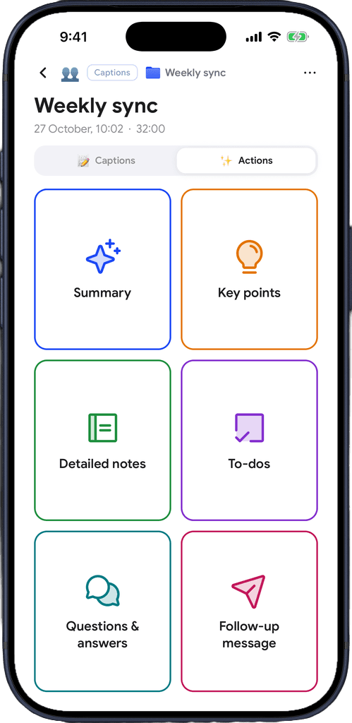 The Actions tab in Captio AI with six tiles: Summary, Key points, Detailed notes, To-dos, Questions & answers, Follow-up message
