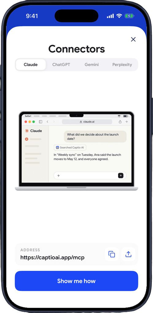 The Connectors screen in Captio AI with the address https://captioai.app/mcp
