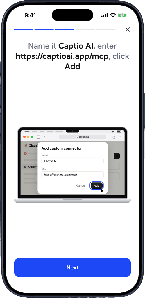 Step guide: name the connector Captio AI, enter https://captioai.app/mcp and click Add