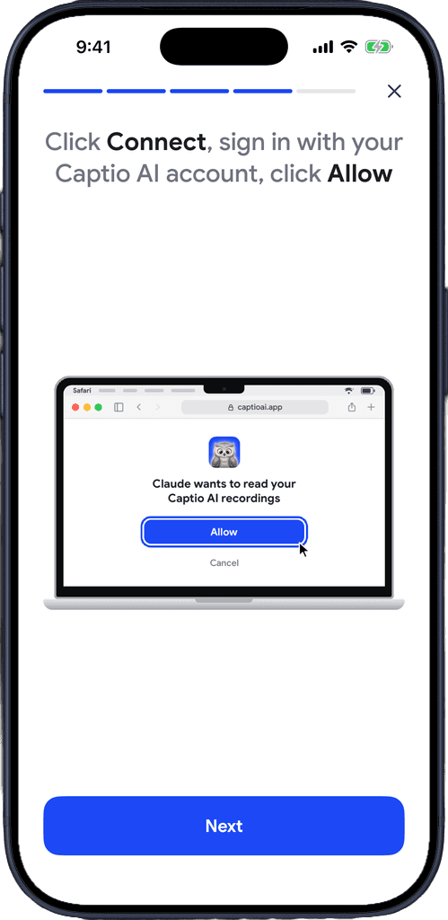Step guide: Claude asking to read your Captio AI recordings, with the Allow button