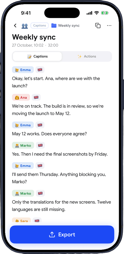 A Weekly sync recording in Captio AI with named speakers and the Export button