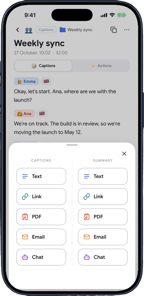 The Export sheet with Text, Link, PDF, Email and Chat for captions and for the summary