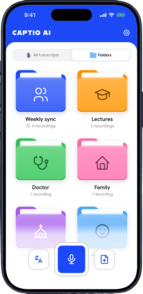 The Folders tab in Captio AI with folders for Weekly sync, Lectures, Doctor, Family and Church