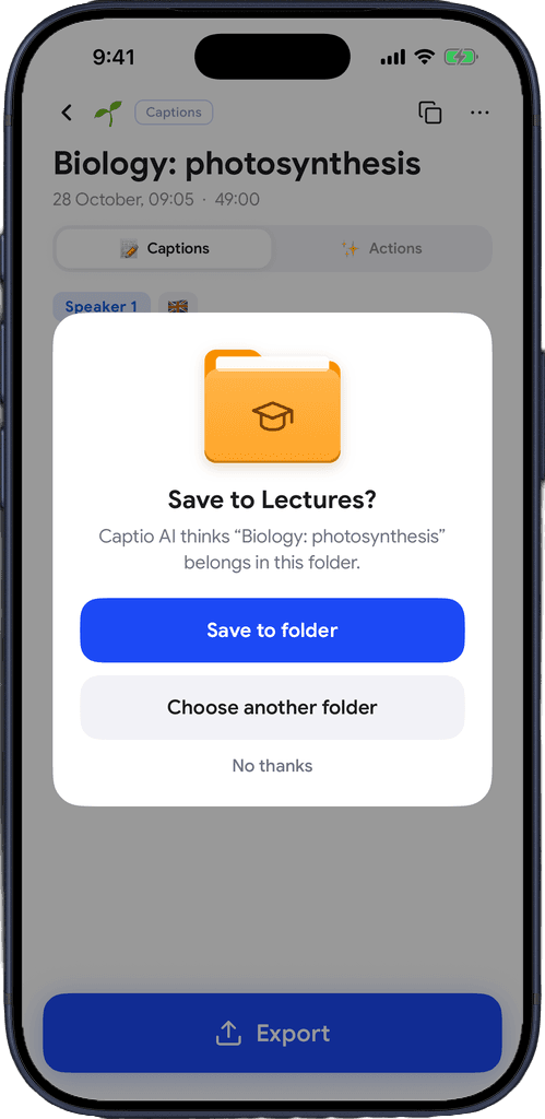 Captio AI asking “Save to Lectures?” after a biology lecture was recorded