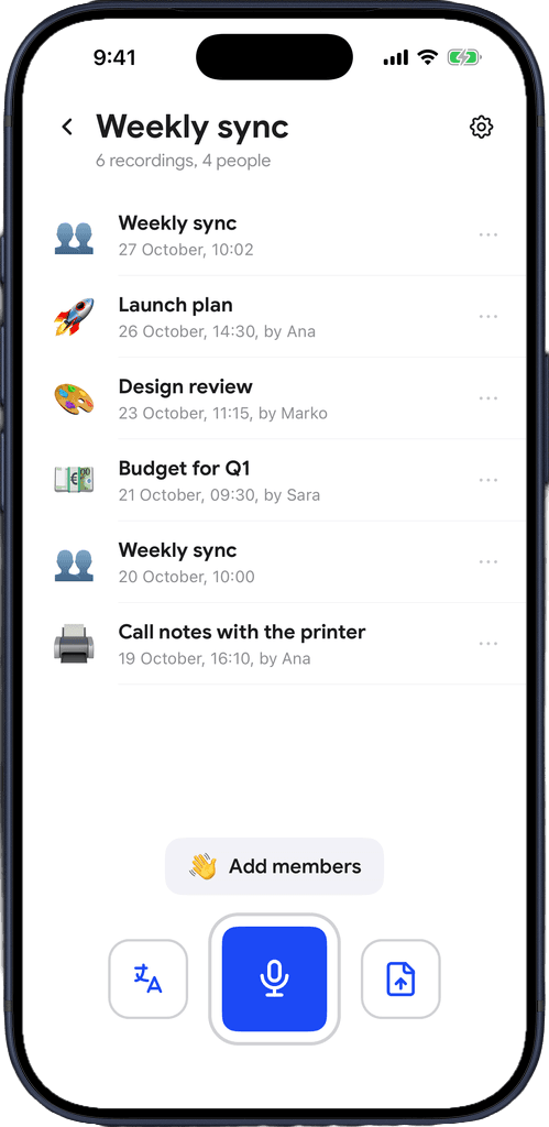 A shared Weekly sync folder with recordings added by Ana, Marko and Sara