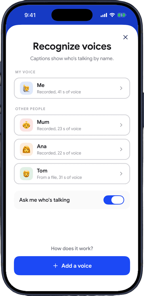 Recognize voices in Captio AI with saved voices for Me, Mum, Ana and Tom