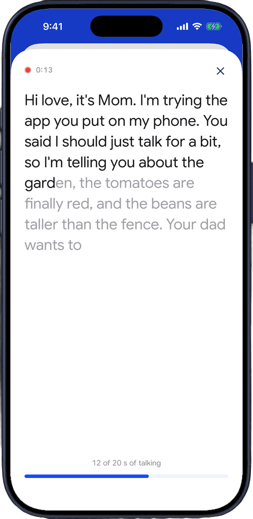 Captio AI recording Mum's voice with live captions and 12 of 20 seconds of talking