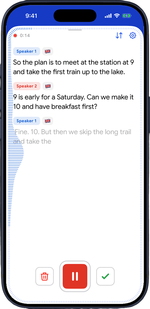 Blue waves on the left edge of the captions while Speaker 1 talks