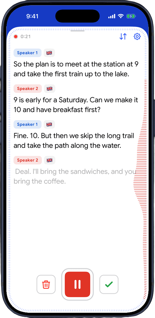 Red waves on the right edge of the captions while Speaker 2 talks