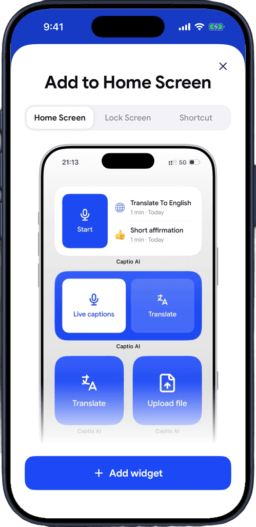 Captio AI widgets on an iPhone Home Screen: Start with recent recordings, Live captions and Translate, Upload file