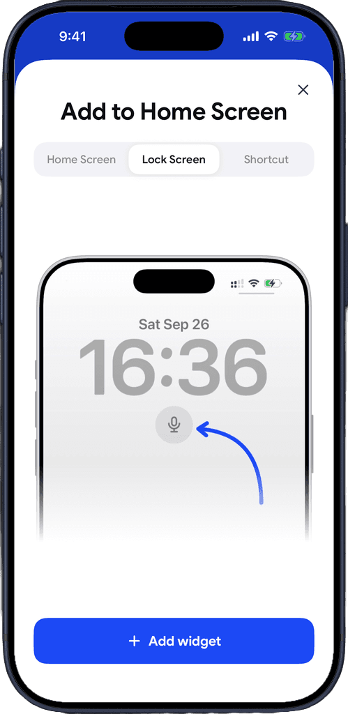 The round Captio AI mic widget under the clock on an iPhone Lock Screen